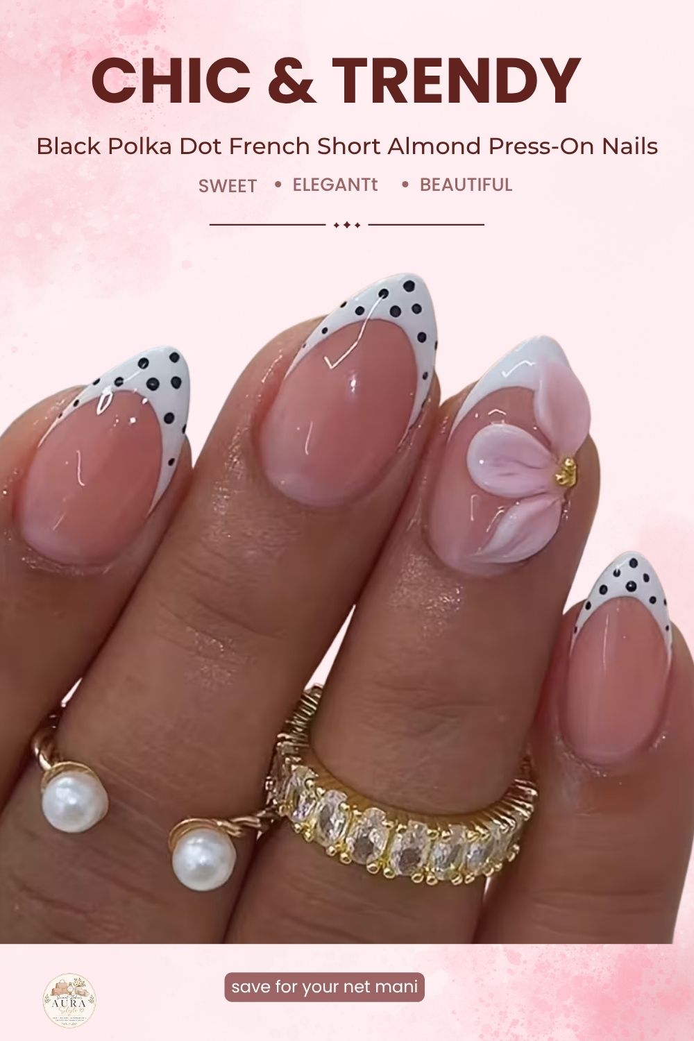 Chic and trendy black polka dot French short almond press-on nails