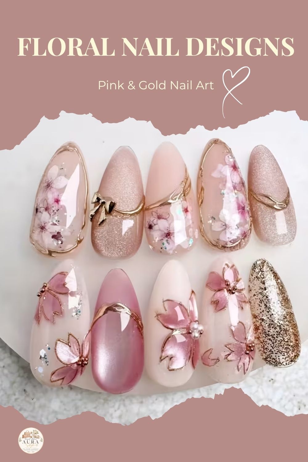 Floral pink and gold nail designs